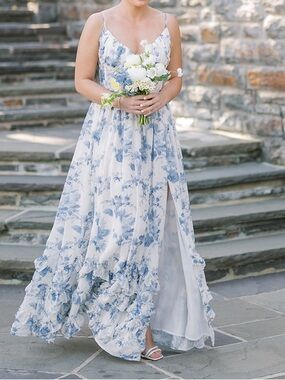 V. CHAPMAN CARMEN CORSET FRONT-SLIT RUFFLED GOWN